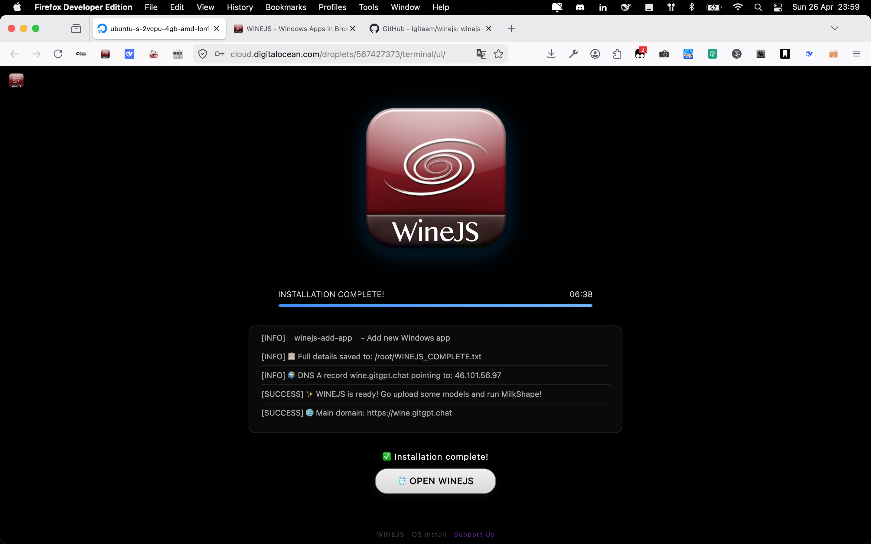 WineJS installation completed dashboard